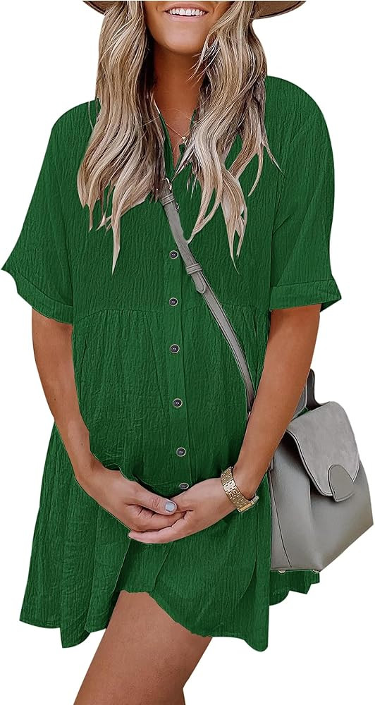 AUSELILY Women's Summer Babydoll Dress Casual Short Sleeve Sundress Button Down Dresses with Pock... | Amazon (US)