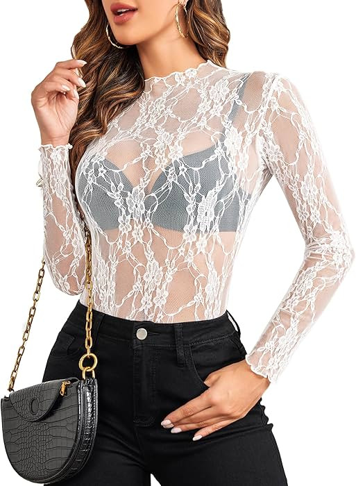 Avidlove Women's Mesh Top Long Sleeve Mock Neck Sheer Blouse See Through Floral Lace Tops | Amazon (US)