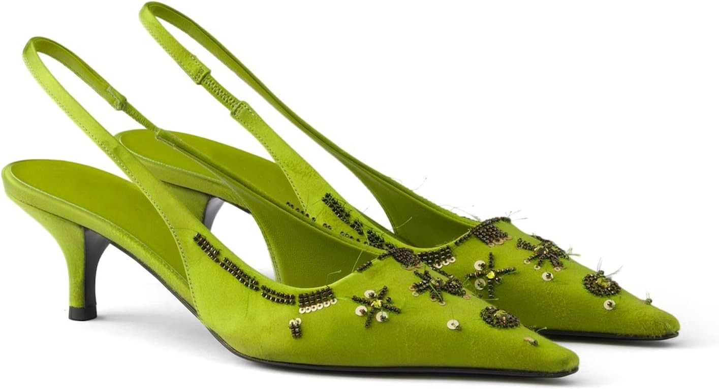 Slingback Kitten Heeled Pumps for Women Beaded Pointed Closed Toe Low Heel Sandals Slip on Party Wedding Prom Fashion Shoes | Amazon (US)