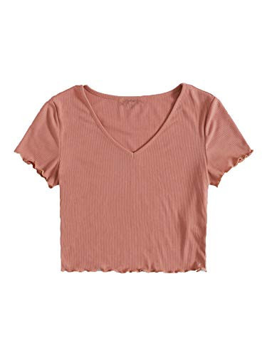 SweatyRocks Women's Casual Short Sleeve V Neck Lettuce Trim Rib Knit Slim Fit Crop Top T-Shirt Dusty Pink M | Amazon (US)