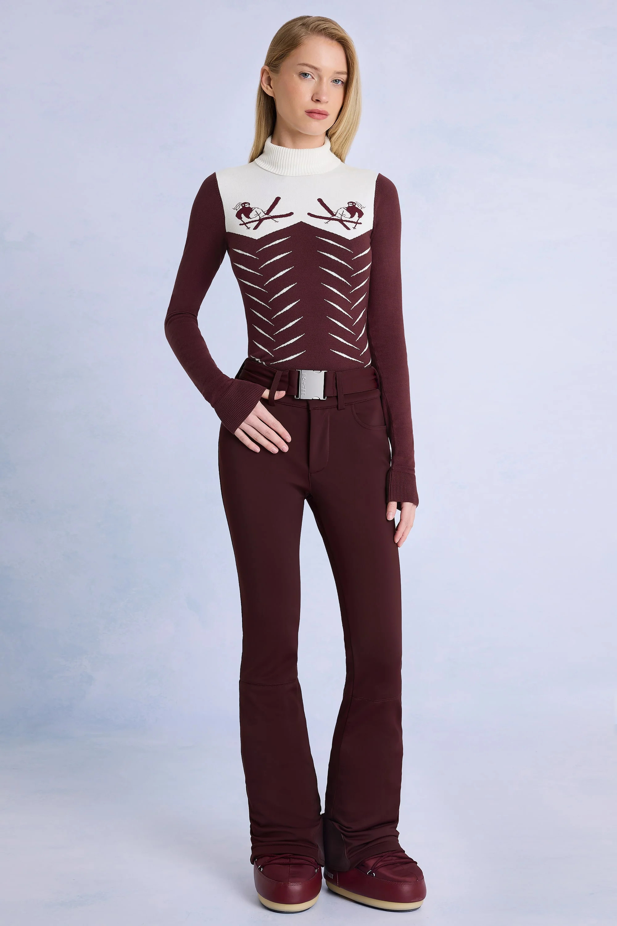 Waterproof Belted Ski Salopettes in Burgundy | Oh Polly