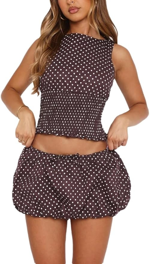 THLAI Women Summer 2 Piece Outfits Polka Dot Skirt Sets Backless Crop Top and Bubble Pleated Mini... | Amazon (US)