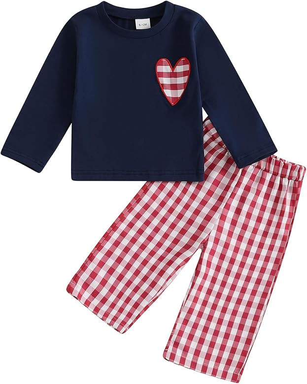 Toddler Baby Girl Boy Valentine's Day Outfit Heart Embroidered Long Sleeve Sweatshirt Plaid Pants... | Amazon (US)