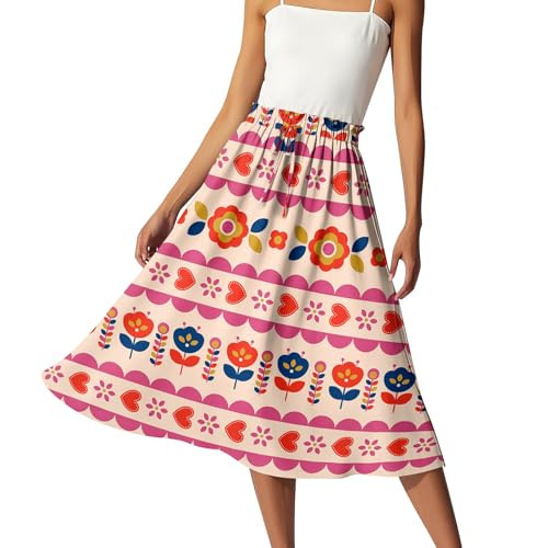 Red Skirt Women Midi Swing Summer Floral Print A Line Knee Length Flowy Skirts for Women Knee Length Drawstring Elastic High Waist Pleated Elegant Skirts Pink XL | Amazon (US)