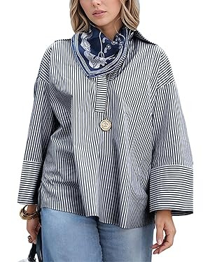 Watashi Women Button Down Shirt Casual Striped Print Dress Shirts Long Sleeve Collared Office Wor... | Amazon (US)