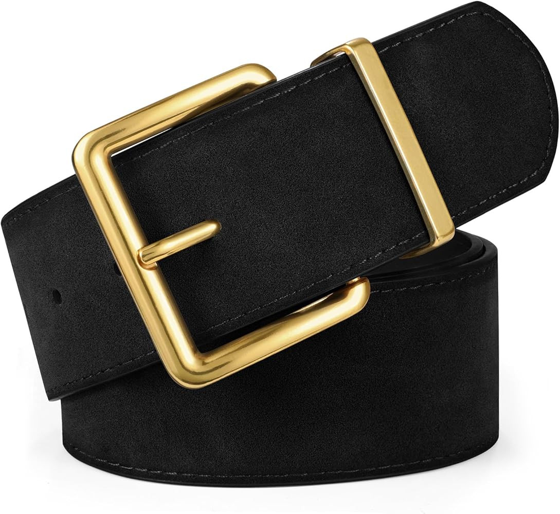 XZQTIVE Women Wide Chunky Belt for Dresses Fashion Thick Suede Belt with Gold Buckle | Amazon (US)