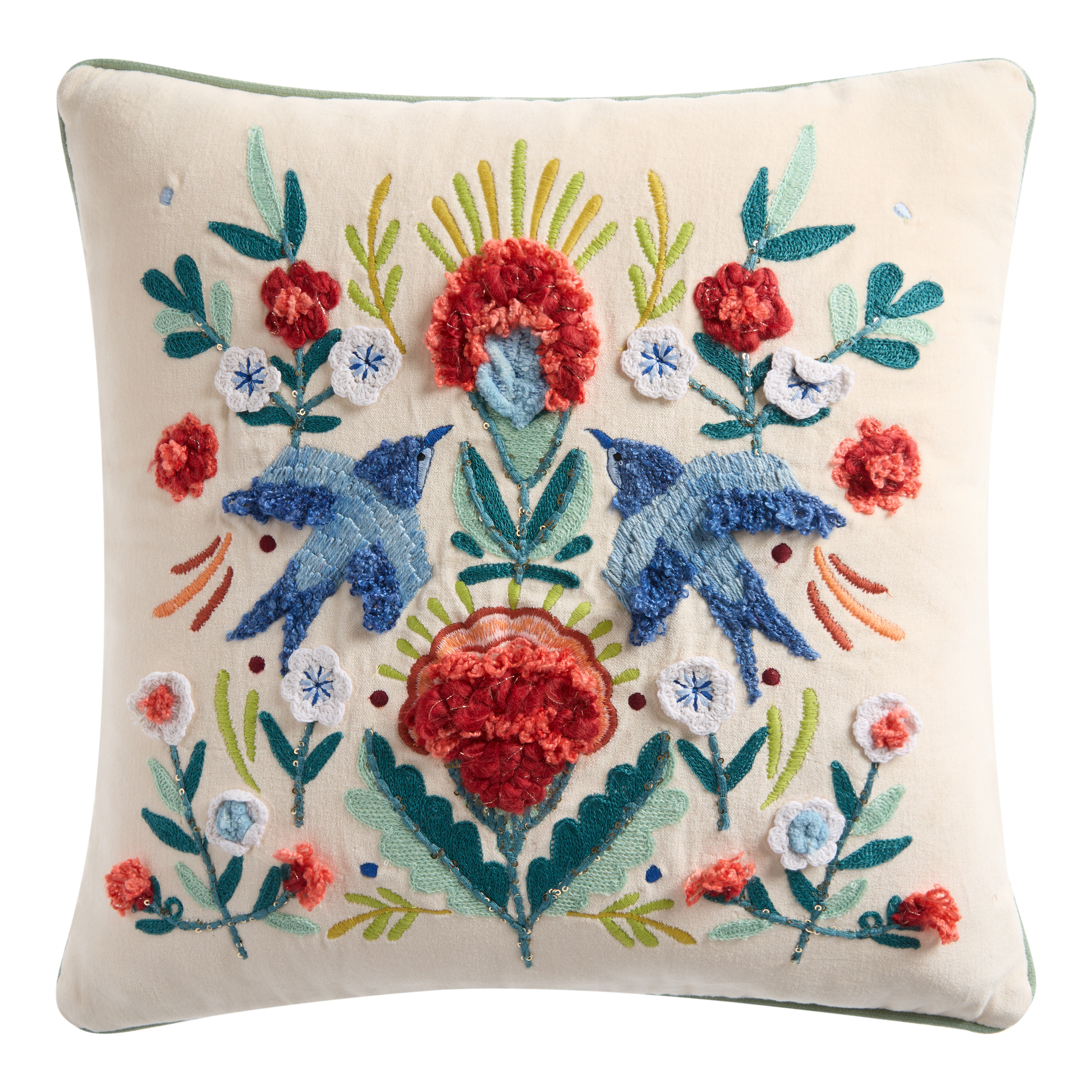 Blue and Red Milagro Floral Bird Embroidered Throw Pillow | World Market