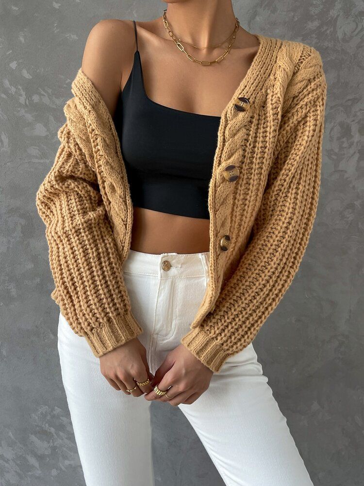 Button Up Cable Knit Cardigan | SHEIN