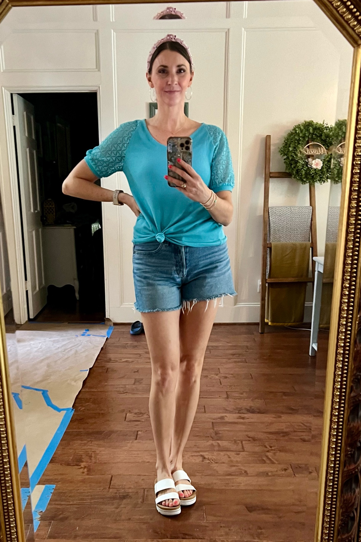Crochet sleeve top, slightly oversized fit, in my tts small. 
Code 402GJJCW and clip the coupon 
drops it to $8

4 inch midrise shorts in my tts 4, $25

Reef platforms with arch support, tts, $45 on sale in white. 

Headbands 2 pack for $6

Casual outfit 
Teacher outfit when you swap the shorts. 
Summer outfit 
Mom style 

#LTKSeasonal #LTKShoeCrush #LTKBacktoSchool