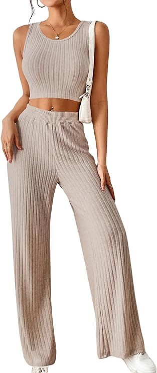 ZAFUL Women Two Piece Pajamas Set Solid Ribbed Knit Crop Tank Top Wide Leg Pants Loungewear Set | Amazon (US)