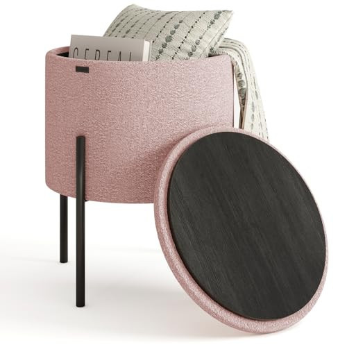 STORAGEBUD Round Ottoman with Storage - Boucle Storage Foot Stool for Makeup Vanity, Small Ottoman for Living Room and Bedroom - Pink | Amazon (US)