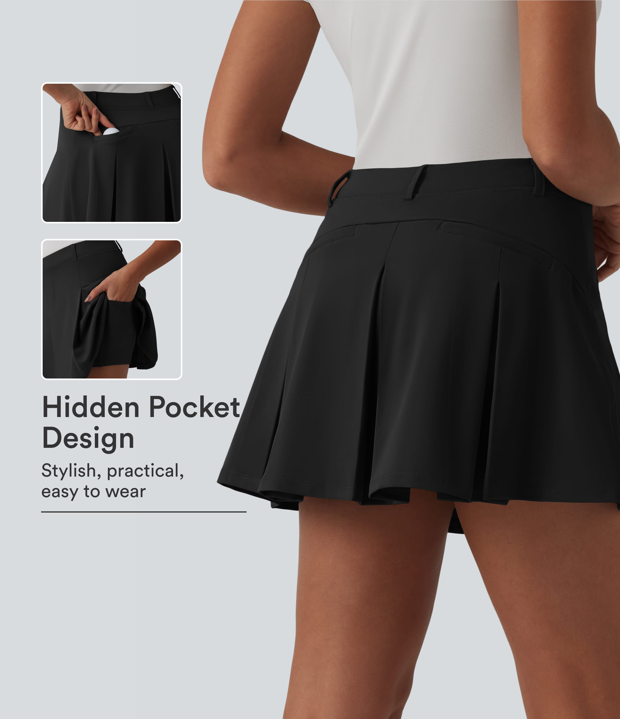 DayStretch Asymmetric Mid Rise 2-in-1 Pleated Mini Golf Skirt with Pockets | HALARA
