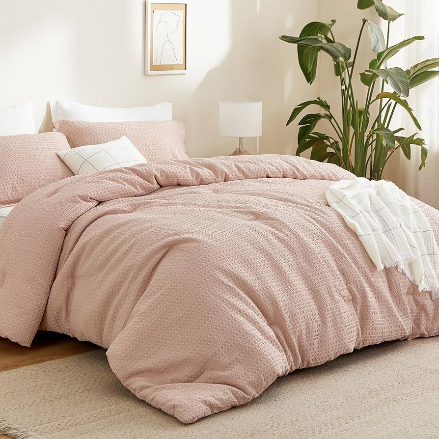 Bedsure Waffle Comforter Set Queen, Soft and Breathable Dusty Pink Bedding Comforter Set, 3 Piece... | Amazon (US)