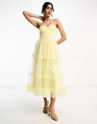 Lace & Beads Exclusive bandeau ruffle midi dress in lemon | ASOS (Global)