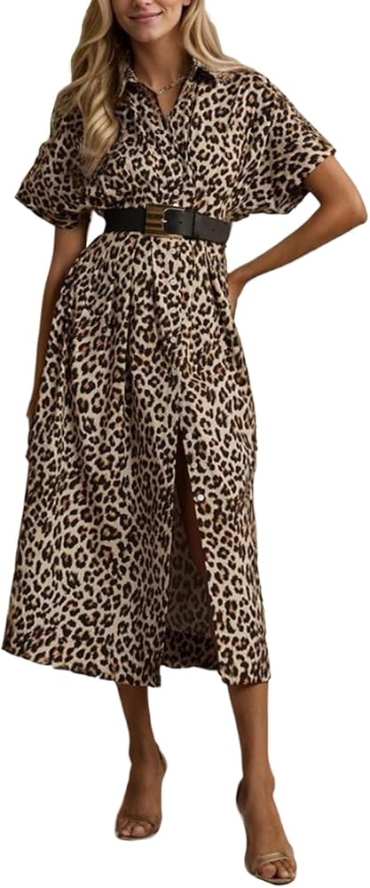 Ladyful Women's Button Down Shirt Dress Short Sleeve Elegant Midi Dress Work Party Wedding Guest ... | Amazon (US)