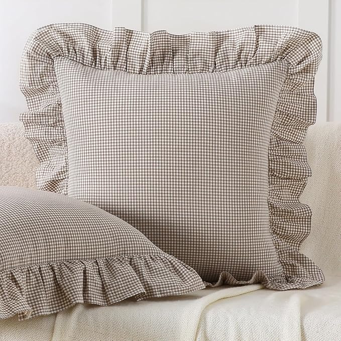 Aryeleay 2 Pack Brown White Plaid Gingham Ruffle Pillow Shams, 100% Washed Cotton Checkered Farmh... | Amazon (US)