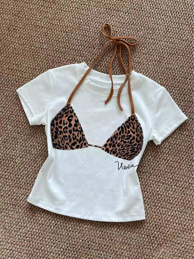 SHEIN Women's Summer Leopard Print Patchwork Fitted Round Neck Short Sleeve T-Shirt | SHEIN