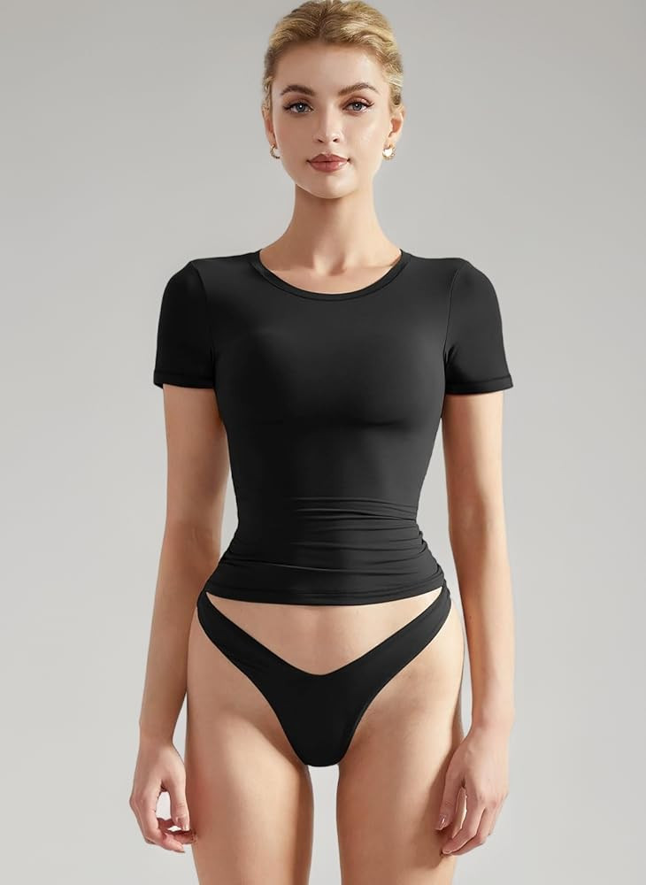 SUUKSESS Women Double Lined Fitted Basic Tee Crew Neck Short Sleeve Y2K Crop Top | Amazon (UK)