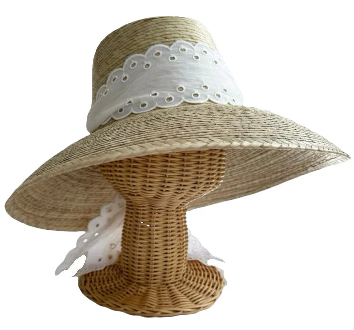 Wildflower Sun Hat in Antique Eyelet Scallop Lace Wide & Short Ribbon | Over The Moon
