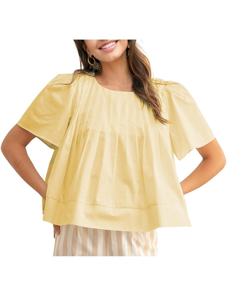 Womens Summer Peplum Puff Sleeve Blouse Babydoll Tops Crew Neck Pleated Shirts Flowy Tshirt | Amazon (US)
