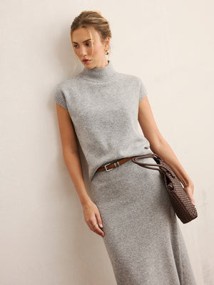 Mock Neck Knit Top & Midi Skirt Set without Belt | Commense