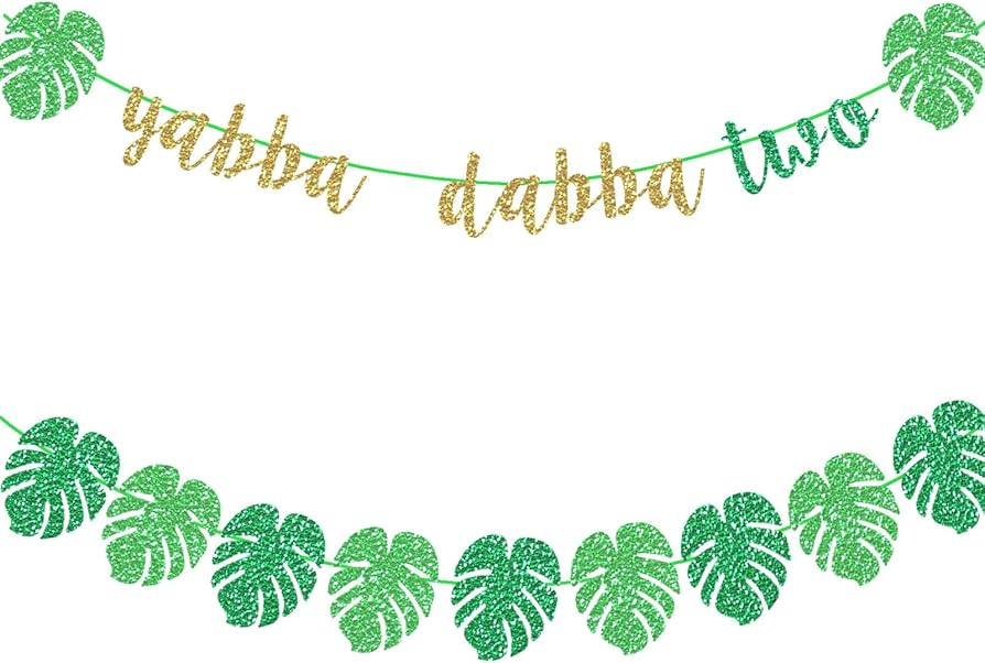 Vetwo Safari Jungle 2nd Birthday Decorations Gold and Green Glitter Yabba Dabba Two Party Banner ... | Amazon (US)