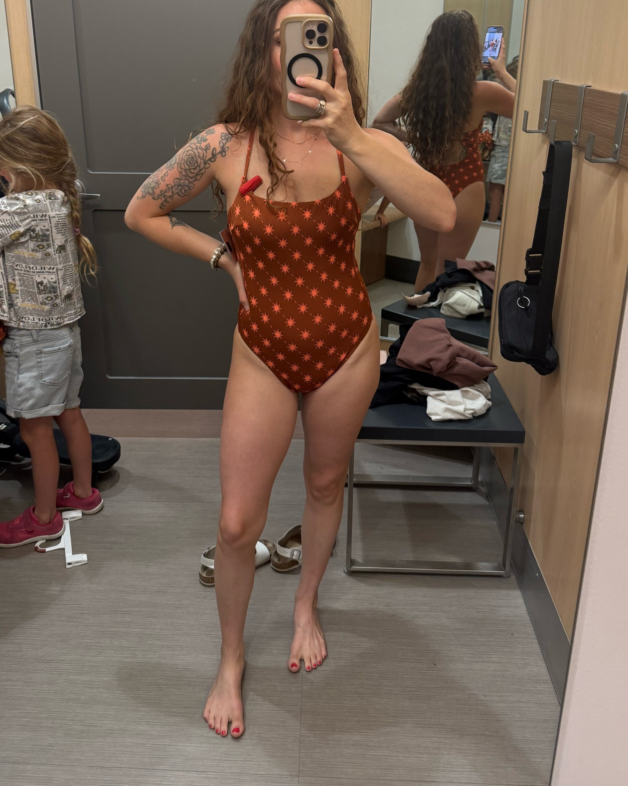 Wearing XSsmall in this sunny one piece! Good booty coverage for all the mom things