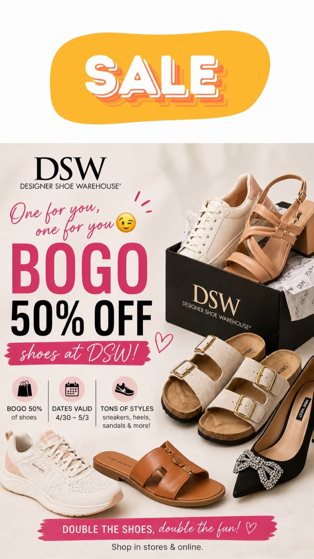 BOGO 50% off shoes at @DSW  👟🛍️

If you’ve been waiting to refresh your shoe closet — this is it. From everyday sneakers to heels and boots, so many good finds right now.

Details:
✔️ Buy one, get one 50% off
✔️ Applies to tons of styles
📅 Valid: 4/30 – 5/3

Perfect time to grab summer sandals + a second pair for free

#LTKSaleAlert #LTKselfcare