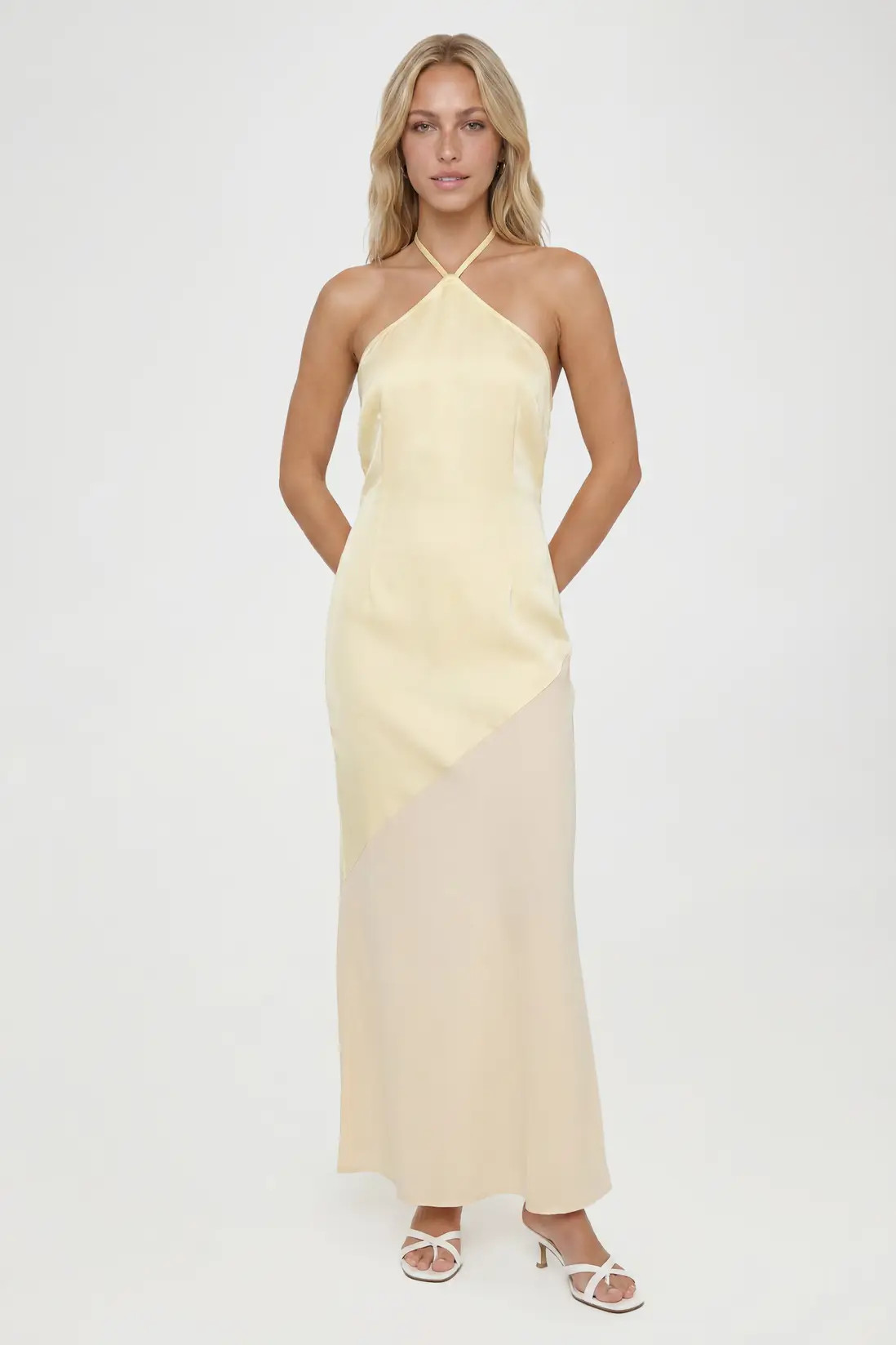 Lemon Satin Halterneck Chiffon Skirt Maxi Dress | Boohoo | Boohoo.com (UK & IE)