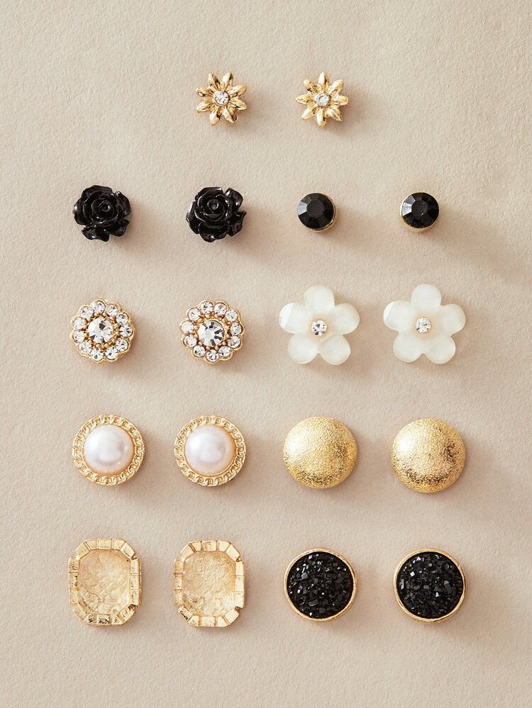 9pairs Rhinestone Floral Stud Earrings | SHEIN