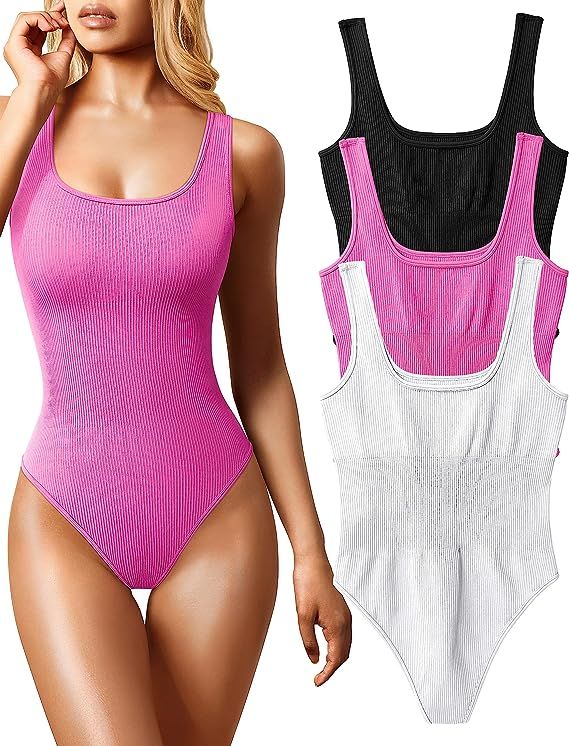 OQQ Women's 3 Piece Bodysuits Sexy Ribbed Sleeveless Square Neck Sleeveless Tank Tops Bodysuits | Amazon (US)