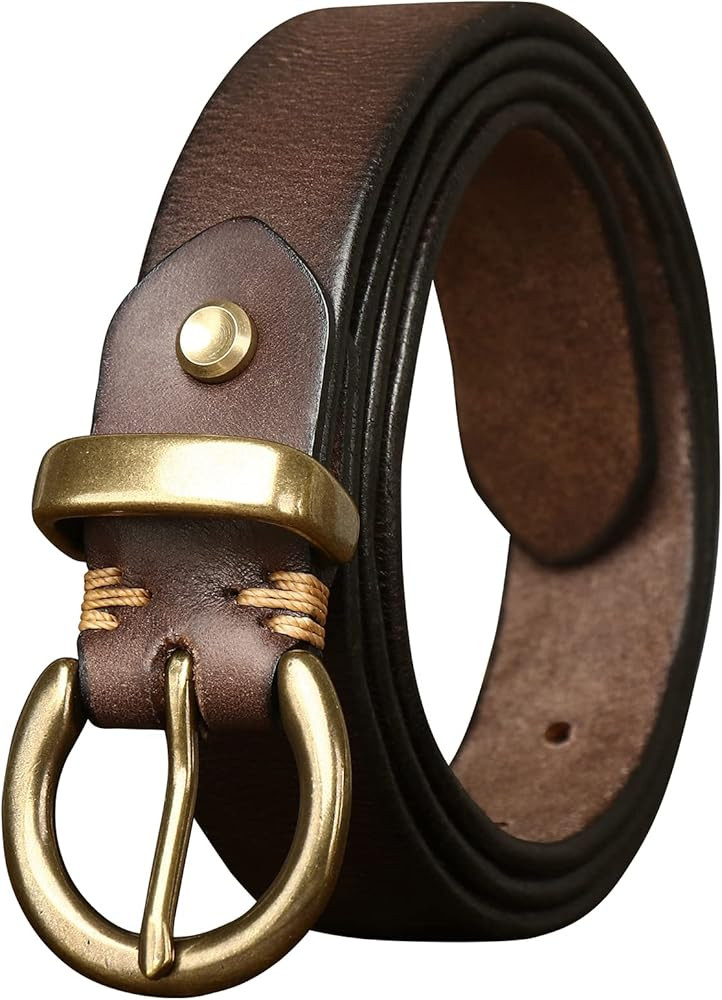Womens Belt for Jeans Genuine Leather Belt Vintage Solid Brass Circle buckle Gift Box Packaging | Amazon (US)