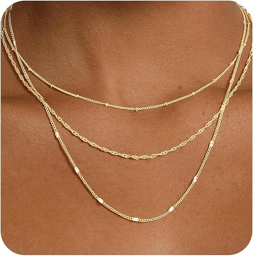 Yoosteel Layered 14k Gold Plated Necklace for Women,Dainty Thin Chain Choker Necklace Stack Paper... | Amazon (US)