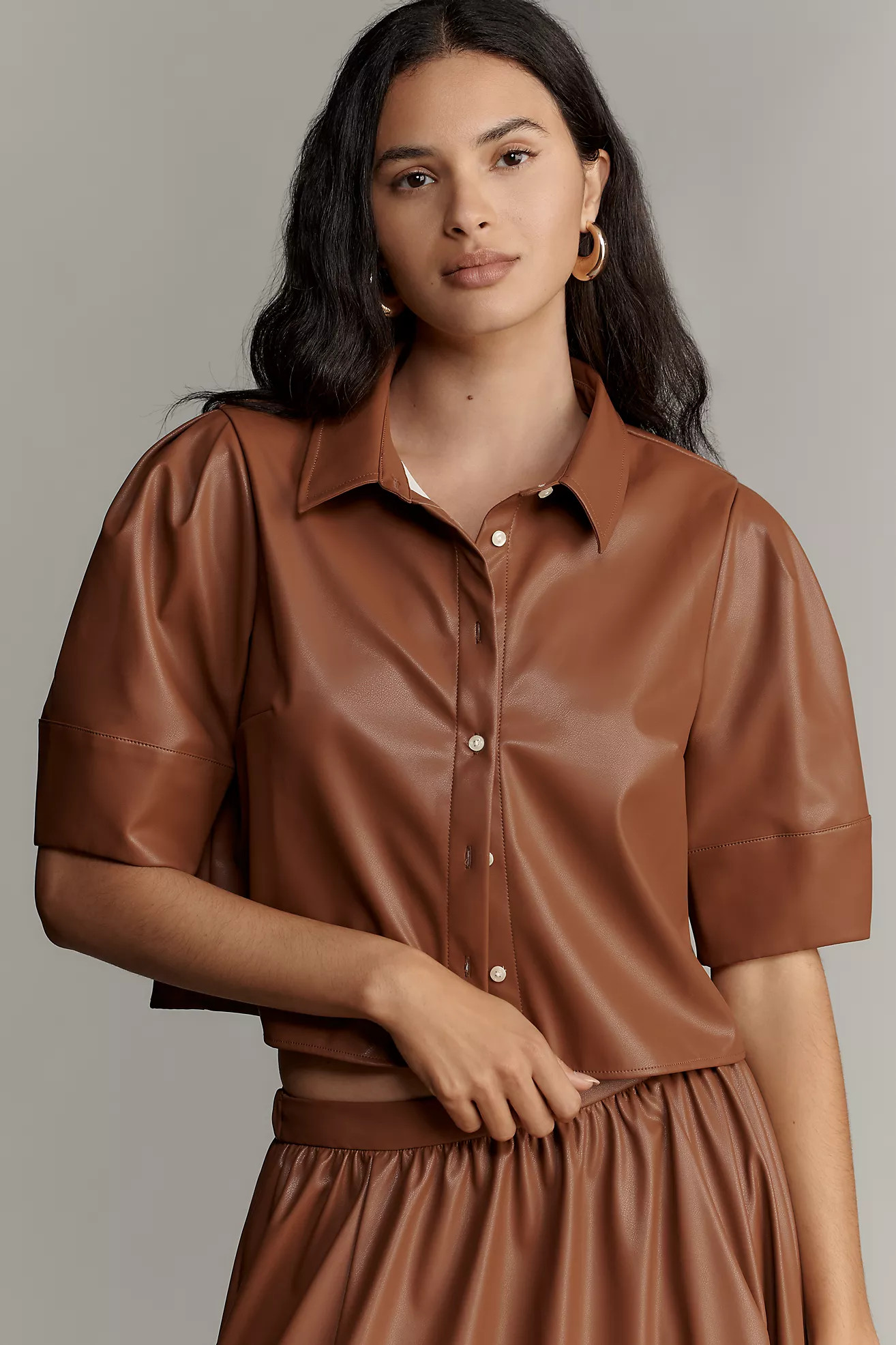 Maeve Lantern-Sleeve Faux-Leather Blouse | Anthropologie (US)