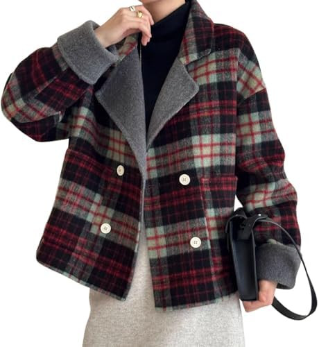 chouyatou Women's Plaid Notch Lapel Wool Coat Loose Dressy Work Blazer Jacket Double Breasted Pea... | Amazon (US)