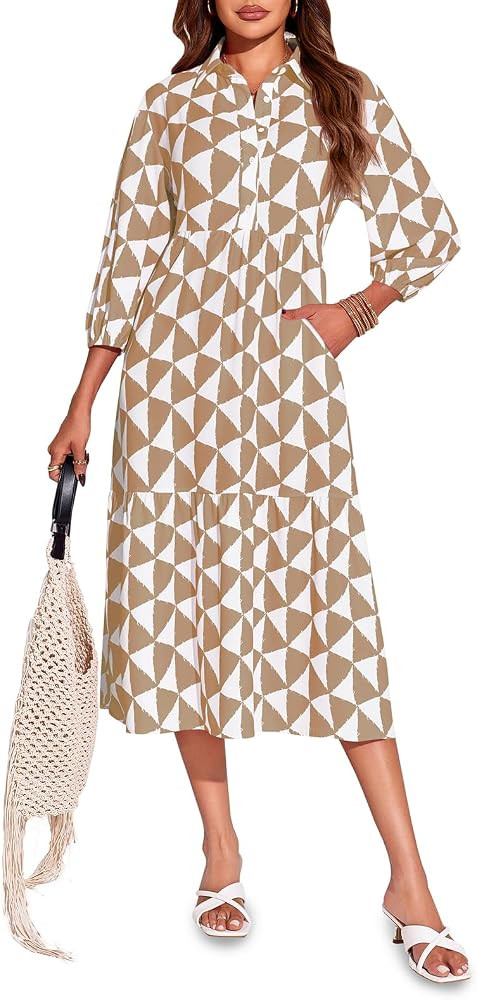 Wenrine Womens Boho Midi Dress Long Sleeve Casual Color Block Beach Button Down Shirt Dress | Amazon (US)