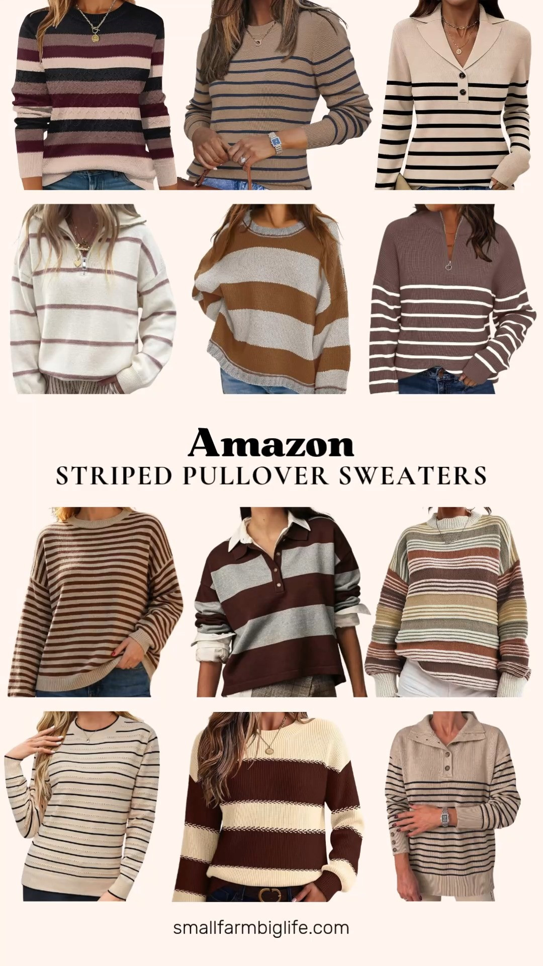 Striped sweaters are everywhere this fall, and this lineup covers every neckline and fit you could want. The LOMON beige and black stripe button collar pullover has a lightweight polo feel that layers easily, while the LILLUSORY quarter zip mock neck in nutmeg and white brings a cozy, oversized silhouette.

For classic crewnecks, the Arach&Cloz wool blend sweater in khaki and navy and the Fisoew charcoal, plum, and beige ribbed knit are both easy business casual options, great for teacher or office outfits. If you love a color block look, the Fisoew brown and grey oversized pullover and the Saodimallsu brown and tan crewneck both bring a trendy, loose fit that's still polished enough for work.

A few standout details round out the group. The rainbow cable knit pullover in brown, caramel, tan, and cream has a fun contrast striped design, while the Wyeysyt grey and dark brown rugby polo sweater brings a preppy, Y2K inspired look. The ANRABESS tan and black striped henley with a button placket is a great transitional piece for work or travel, and the Zeagoo brown and cream chunky knit is perfect for cozy, casual fall days.

#amazonfashion #stripedsweater #fallfashion #falloutfits #amazonfinds 

 #LTKootd #LTKOver40 #LTKWorkwear