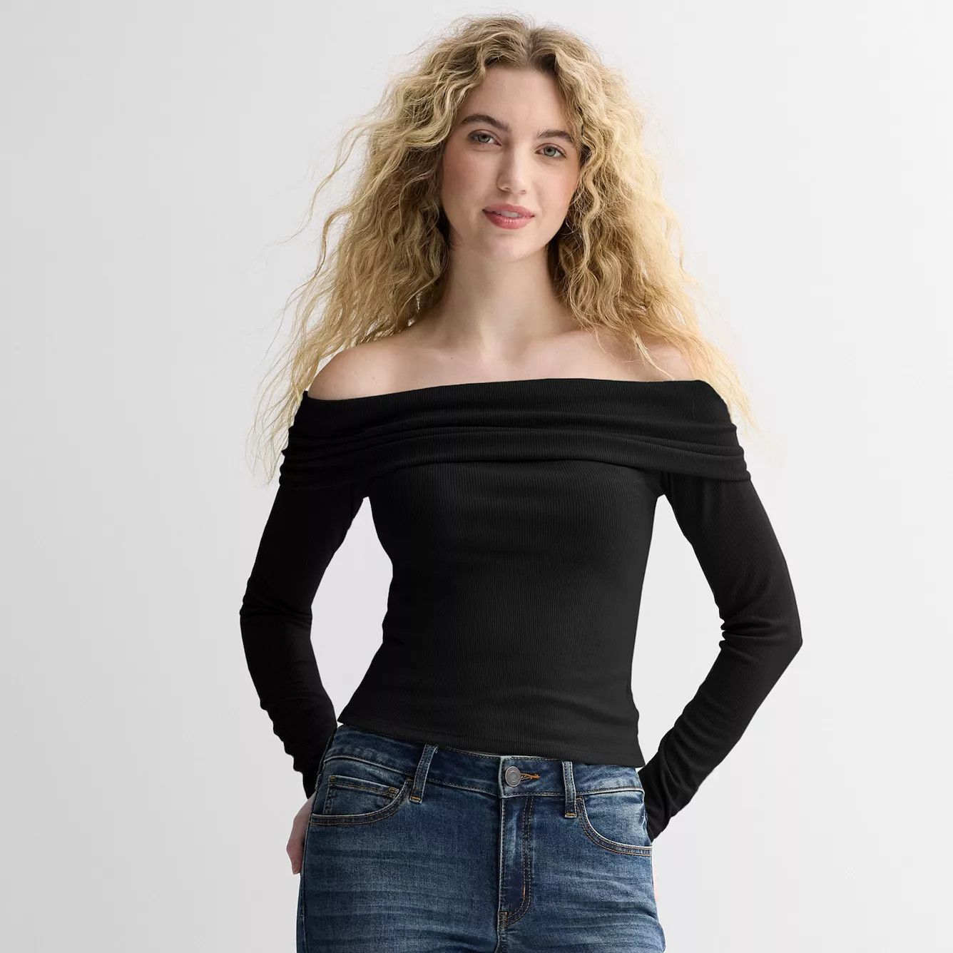 Juniors' SO\u00ae Long Sleeve Rib Off-The-Shoulder Top | Kohl's