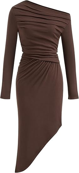 CIDER Womens Off Shoulder Long Sleeve Ruched Bodycon Midi Dress Asymmetric Hem | Amazon (US)