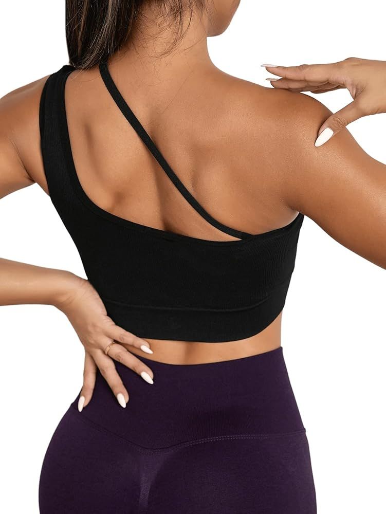 SweatyRocks Women's Cut Out One Shoulder Sports Bra Cross Neck Ribbed Knit Crop Tank Top | Amazon (CA)