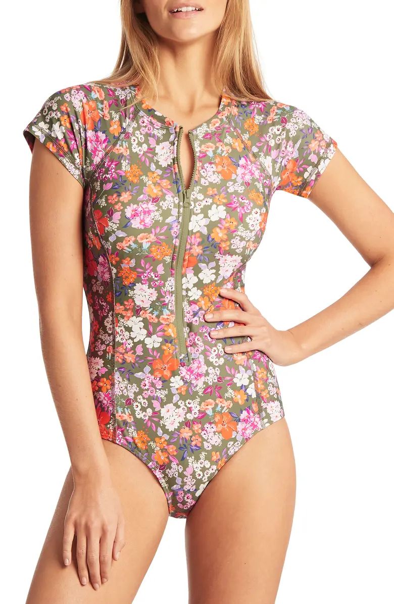 Floral Short Sleeve Zip One-Piece Swimsuit | Nordstrom