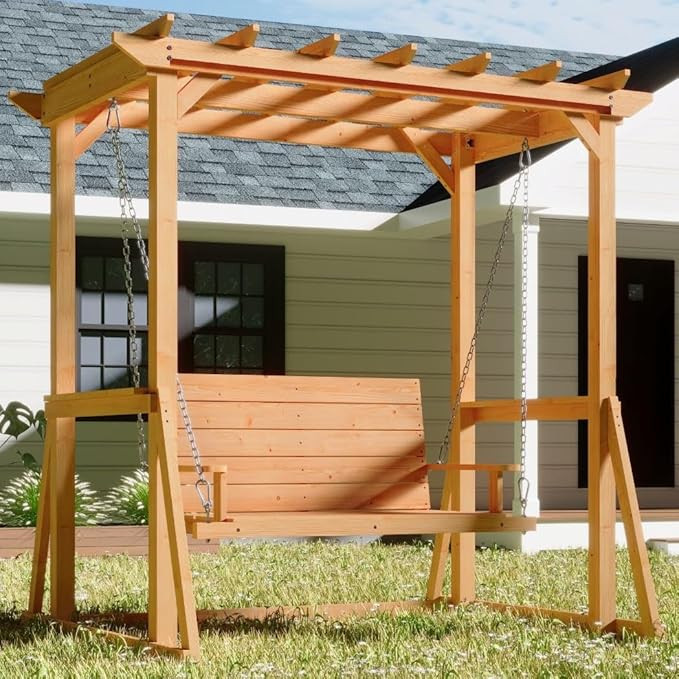 2-Seat Cedar Wood Pergola Swing with Stand, Outdoor Patio Swing with Trellis & Galvanized Chains,... | Amazon (US)