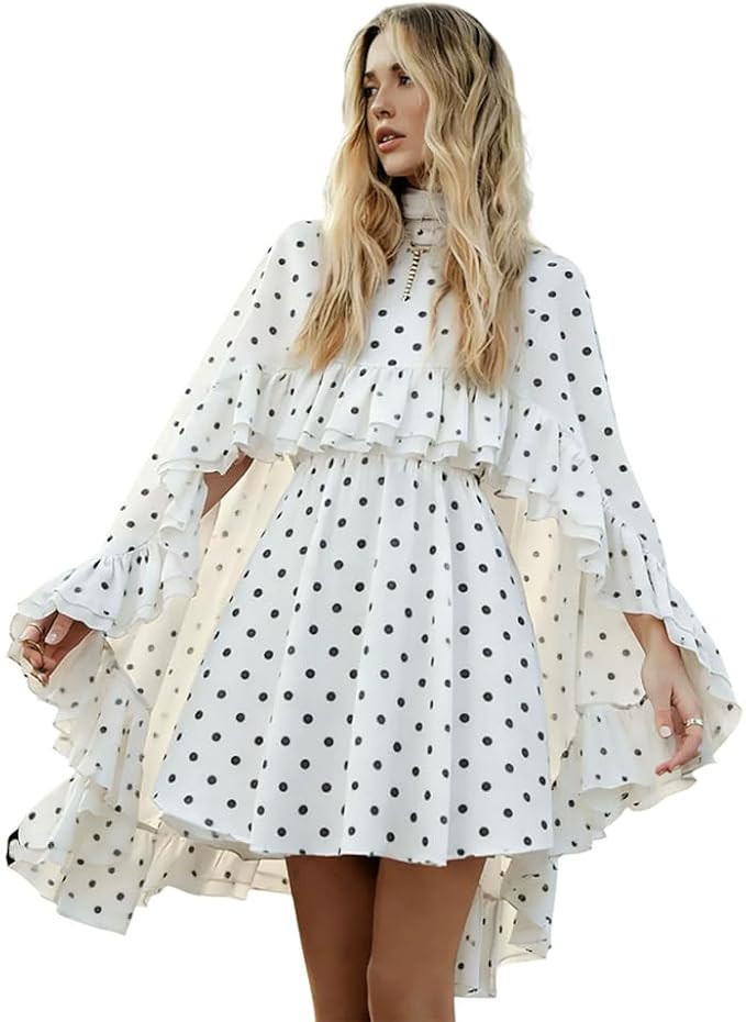 Women’s Semi Sheer Chiffon Ruffle Dress with Outer Cape, Poncho Sleeve Flowy Mini Dress, Loose ... | Amazon (US)