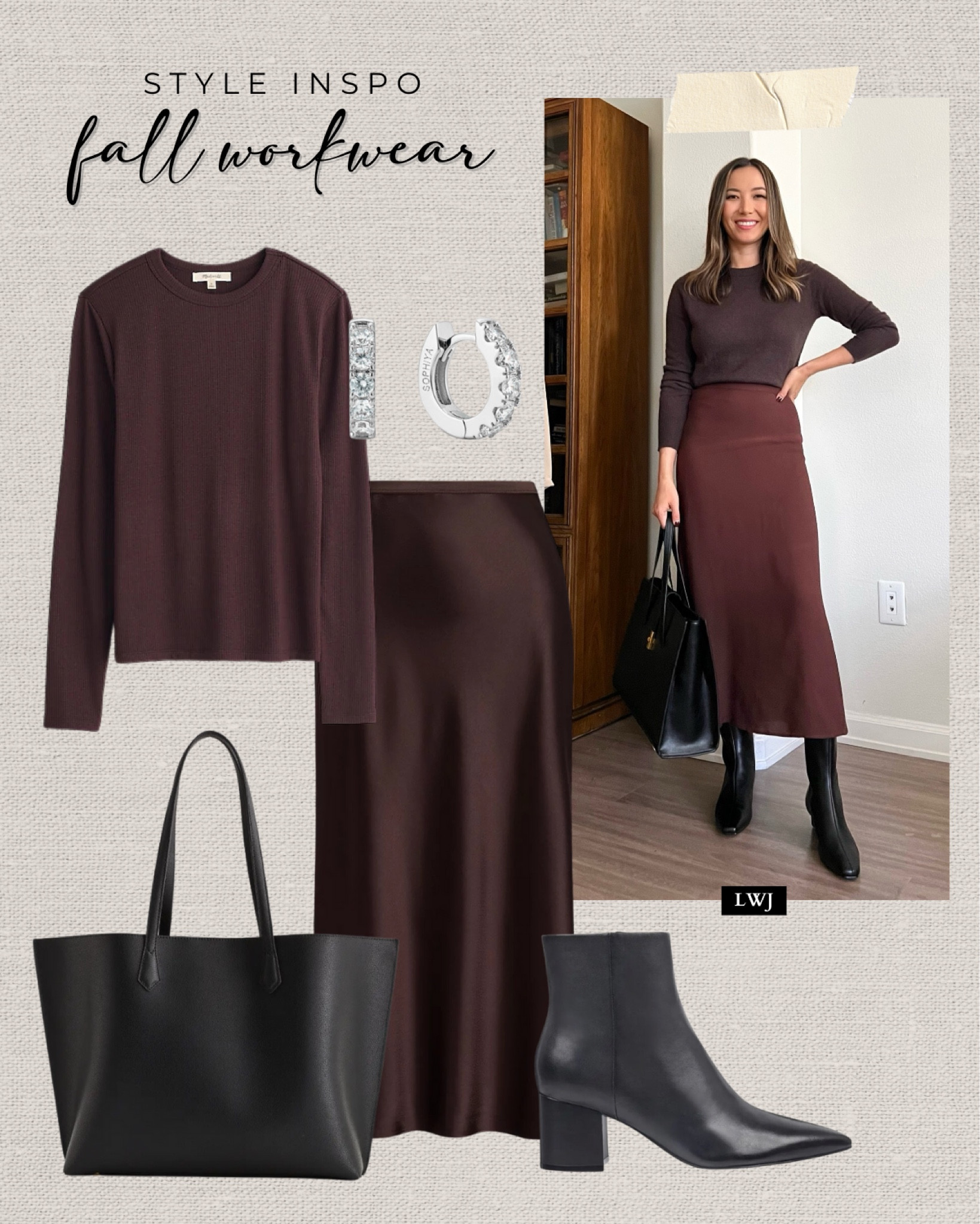 Style inspo: fall workwear 

Brown long sleeve / brown satin skirt / black leather tote bag / black boots / silver earrings / monochromatic work look / fall fashion / fall style / office outfit 

#LTKWorkwear #LTKStyleTip #LTKSeasonal