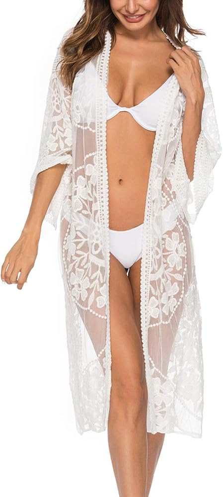 FaroDor Women Flowy Lace Kimono Cardigan Boho Style Long Beach Cover Ups | Amazon (US)