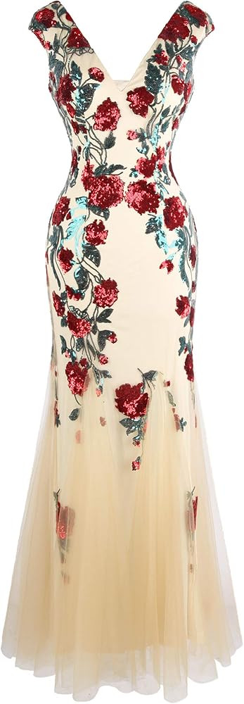 Angel-fashions Women's Deep V Neck Rose Sequin Sheath Prom Dresses | Amazon (US)