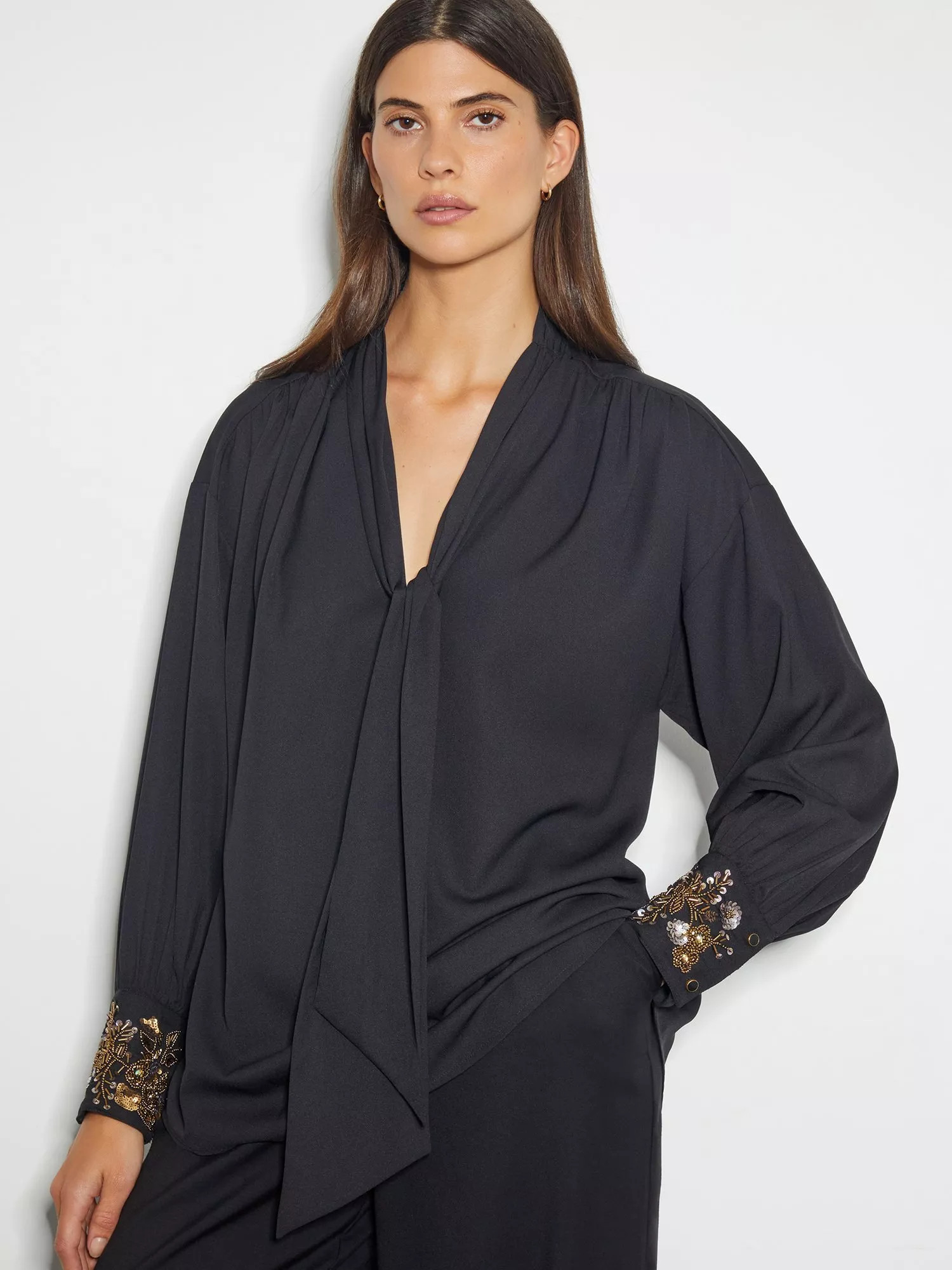 MonsoonAnne Embellished Cuff Tie Neck Top, Black | John Lewis (UK)