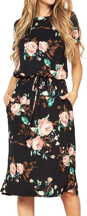 Simier Fariry Womens Adjustable Waist Line Midi Dress with Pockets | Amazon (US)