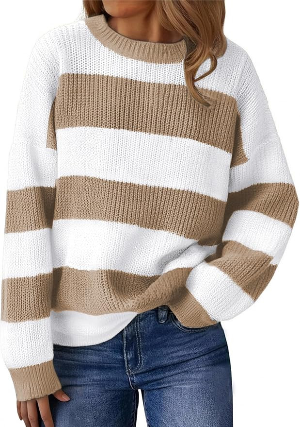 SunnyMelody Womens Cute Color Block Striped Sweater Fall 2025 Pullover Knit Tops - Ribbed Crew Ne... | Amazon (US)