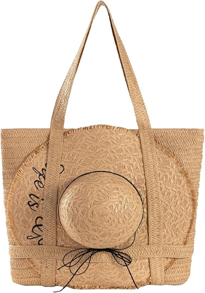 SKYK Straw Beach Tote Bag for Women-Summer Beach Handbag with Hat Holder and Sun Hat-Large Travel... | Amazon (US)